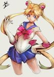  1girl bishoujo_senshi_sailor_moon blonde_hair blue_eyes blue_skirt bow choker double_bun earrings elbow_gloves gloves hair_ornament hand_on_hip highres jewelry long_hair magical_girl red_bow sailor_collar sailor_moon skirt smile solo sowel_(sk3) tiara tsukino_usagi twintails very_long_hair white_gloves 