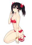  bikini black_hair bow bracelet breasts chan_co feet front-tie_top full_body hair_bow high_heels jewelry love_live! love_live!_school_idol_project medium_breasts navel open_toe_shoes parted_lips red_bikini red_eyes sandals shoes short_hair side-tie_bikini simple_background solo swimsuit toes twintails white_background yazawa_nico 