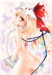  ass asymmetrical_hair asymmetrical_wings bdsm blonde_hair bondage bound chain collar colored_eyelashes crystal flandre_scarlet flat_chest from_behind hat jitome looking_at_viewer looking_back mob_cap nude parted_lips red_eyes restrained short_hair side_ponytail slave solo standing touhou wings wminiminiw 