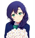 blazer blush bouquet braid flower green_eyes hair_over_shoulder jacket looking_at_viewer love_live! love_live!_school_idol_project ogipote otonokizaka_school_uniform purple_hair school_uniform single_braid smile solo toujou_nozomi upper_body white_background 
