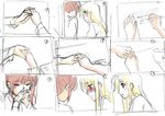  2girls blonde_hair blush brown_hair comic embarrassed fate_testarossa hand_holding hand_kiss kiss lyrical_nanoha mahou_shoujo_lyrical_nanoha mahou_shoujo_lyrical_nanoha_a&#039;s mahou_shoujo_lyrical_nanoha_a's multiple_girls school_uniform sketch takamachi_nanoha tokoharu uniform writing yuri 