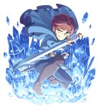  belt blue_eyes boots cape capelet frozen_(disney) hans_(frozen) ice itou_(mogura) male_focus one_knee red_hair smile solo stalagmite sword tongue tongue_out weapon 