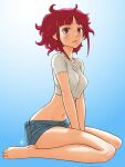  1girl aobito_sukoyaka_bystander breasts crop_top cropped_shirt facial_mark forehead_mark gundam gundam_g_no_reconguista highres looking_at_viewer midriff noredo_nug pink_eyes pink_hair shirt short_hair short_shorts shorts simple_background sitting solo wariza 