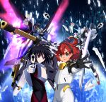  1boy 3girls absurdres artist_name beam_sword bit_(gundam) black_hair black_hairband blonde_hair borrowed_weapon commission crossover destiny_gundam_spec_ii energy_sword energy_wings english_commentary ericht_samaya facial_mark glowing green_eyes gun gundam gundam_calibarn gundam_seed gundam_seed_freedom gundam_suisei_no_majo hairband highres holding holding_cannon holding_gun holding_sword holding_weapon looking_at_viewer mecha mobile_suit multiple_girls pilot_suit pointing pointing_at_viewer red_eyes red_hair reiei_8 robot shinn_asuka short_hair stellar_loussier suletta_mercury sword upper_body weapon 