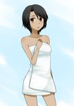  aoshima_yuuko bad_id bad_pixiv_id brown_eyes brown_hair dark_skin dnmi monkey_turn naked_towel open_mouth short_hair solo standing towel 