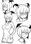  :3 alternate_hair_length alternate_hairstyle bat_wings bespectacled blush breasts closed_eyes collarbone face glasses greyscale hands_on_hips head_wings highres koakuma large_breasts looking_at_viewer maru-sun monochrome naughty_face navel nipples nude parted_lips perky_breasts short_hair slit_pupils solo sweat thighhighs touhou troll_face wings 