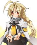  ahoge blazblue blonde_hair blush bodysuit braid cape lambda-11 long_hair puchi-pochi red_eyes smile solo 