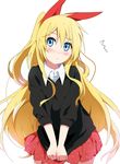  blonde_hair blue_eyes blush kirisaki_chitoge long_hair nisekoi ogipote skirt solo sweater v_arms very_long_hair white_background 