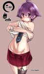  :o blush groin highres kantai_collection navel pink_eyes purple_hair sakawa_(kantai_collection) shirt_lift skirt solo tokita_monta twitter_username undressing 