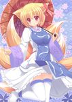  animal_ears ankle_cuffs blonde_hair breasts diamond_(shape) dress flower folded_leg fox_ears fox_tail head_tilt highres large_breasts liya long_sleeves looking_at_viewer multiple_tails no_hat no_headwear oriental_umbrella parted_lips patterned_background red_eyes ribbon short_hair solo tabard tail thighhighs touhou umbrella white_legwear yakumo_ran 