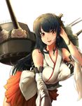  bare_shoulders black_hair blush breasts cannon detached_sleeves fusou_(kantai_collection) hair_ornament highres japanese_clothes kantai_collection large_breasts long_hair nontraditional_miko open_mouth pekoneko red_eyes revision skirt smile solo turret 