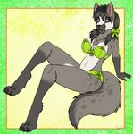  abstrat_background badger black_hair bow bra breasts claws ear_piercing female fur green_eyes grey_fur hair hybrid hyena mammal meer mustelid panties piercing solo spots sugarcat toe_claws underwear 