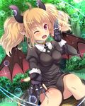  angelmaster blonde_hair blush breasts bubble claws copyright_name demon_girl demon_horns demon_wings dress gloves horns kazumasa looking_at_viewer medium_breasts official_art one_eye_closed open_mouth pointy_ears purple_eyes samael_(angelmaster) smile solo twintails wings 