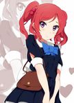  alternate_hairstyle bag blush bow dress hair_bobbles hair_ornament handbag heart love_live! love_live!_school_idol_project nishikino_maki ogipote purple_eyes short_hair short_twintails solo twintails v_arms zoom_layer 