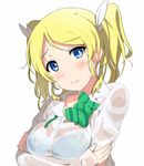  alternate_hairstyle ayase_eli bad_id bad_twitter_id blonde_hair blue_bra blue_eyes blush bra dress_shirt hair_ribbon looking_at_viewer love_live! love_live!_school_idol_project ogipote otonokizaka_school_uniform ribbon school_uniform see-through shirt short_twintails solo twintails underwear upper_body wet wet_clothes white_background 