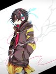  black_hair blue_eyes enomoto_takane gas_mask hands_in_pockets headphones highres hood hoodie kagerou_project shiyunoa simple_background skirt solo twintails 