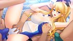  3boys black_hair blonde_hair blue_eyes blush breast_grab breasts brown_hair competition_swimsuit covered_nipples erection erection_under_clothes gakuen_taima game_cg grabbing grabbing_from_behind hand_under_clothes hand_under_swimsuit hijirigaoka_lisa koizumi_amane large_breasts long_hair multiple_boys nipples one-piece_swimsuit open_mouth penis ponytail pool see-through smile sweat swimsuit 