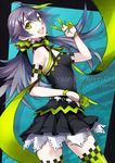  :d ahoge bad_id bad_pixiv_id bare_shoulders black_hair gloves green_eyes half_gloves highres long_hair looking_at_viewer multicolored_hair open_mouth pleated_skirt pokimari skirt smile solo supercell thighhighs twintails two-tone_hair v zettai_ryouiki 