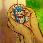  arms_up bell bell_collar blush closed_eyes collar cupping_hands day doraemon doraemon_(character) fingernails grass ichinoniwa in_palm miniboy open_mouth out_of_frame partially_submerged pov pov_hands sitting solo_focus water 