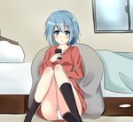  bad_id bad_pixiv_id bed blue_eyes blue_hair hair_ornament hairclip mahou_shoujo_madoka_magica miki_sayaka panties pantyshot pantyshot_(sitting) shiina_kuro short_hair sitting solo sweater underwear 