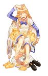  ^_^ barefoot blonde_hair blush bow bowtie closed_eyes cup dress facing_viewer feet full_body glass highres in_container in_cup legs long_hair mary_janes on_head open_mouth rubber_duck shoes shoes_removed simple_background sitting smile soles solo tales_weaver tichiel_juspian toes 