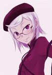  asami_saki blush glasses hat magical_girl mahou_shoujo_kazumi_magica mahou_shoujo_madoka_magica pink_background purple_eyes purple_hair short_hair smile solo upper_body whip yukimura_kaname 