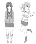  alternate_costume alternate_hairstyle bad_id bad_pixiv_id braid cardigan casual greyscale highres hood hoodie low_twintails mahou_shoujo_madoka_magica miki_sayaka monochrome multiple_girls pom_pom_(clothes) sakura_kyouko shiina_kuro shorts simple_background skirt smile striped striped_hoodie striped_legwear twin_braids twintails white_background 