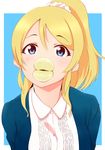  1girl ayase_eli blonde_hair blue_eyes egooo looking_at_viewer love_live!_school_idol_project ponytail potato_chips solo 