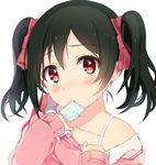  black_hair blush bow bra_strap clothes_pull condom condom_in_mouth face hair_bow looking_at_viewer love_live! love_live!_school_idol_project mouth_hold off_shoulder ogipote red_eyes short_hair short_twintails solo sweater sweater_pull twintails white_background yazawa_nico 