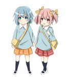  &gt;:) bad_id bad_pixiv_id bag blue_eyes blue_hair bow hair_bow hair_ornament hairclip highres kaname_madoka kindergarten kindergarten_bag kindergarten_uniform kneehighs mahou_shoujo_madoka_magica mary_janes miki_sayaka multiple_girls pink_eyes pink_hair shiina_kuro shoes short_hair short_twintails simple_background skirt smile twintails v-shaped_eyebrows white_background younger 