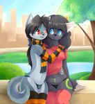  anthro blacky-moon blue_eyes body_markings breasts canine city clothed clothing eyewear female girly glasses hair helsy_(character) hug legwear long_hair male mammal markings one_eye_closed outside ponytail red_eyes scarf skimpy sky stockings striped_stockings thick_thighs thigh_highs thong tree wide_hips wink wolf 