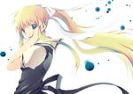  air blonde_hair blue_eyes bow hair_bow hair_ornament hair_ribbon hand_on_own_head kamio_misuzu kera long_hair looking_at_viewer parted_lips ponytail ribbon simple_background solo very_long_hair white_background wind 