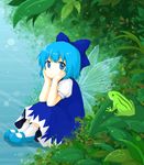  ankle_socks blue_eyes blue_hair bow cirno dress dress_shirt flower frog hair_bow hands_on_own_cheeks hands_on_own_face ice ice_wings leaf looking_at_viewer mary_janes nature petite puffy_short_sleeves puffy_sleeves shirt shoes short_hair short_sleeves sitting smile solo toriaezu_shouyu touhou white_legwear wings 