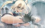  black_gloves blonde_hair breasts budget_sarashi clenched_hand commentary_request dark_skin fingerless_gloves fist_in_hand glasses gloves h-new headgear highres huge_breasts kantai_collection long_hair machinery musashi_(kantai_collection) nail_polish open_hand own_hands_together pacific_rim pointy_hair rain sarashi semi-rimless_eyewear solo spread_fingers twintails under-rim_eyewear upper_body 