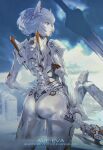  1girl ass ayanami_rei blue_hair blurry blurry_background bodysuit building cloud cloudy_sky commentary_request exoskeleton from_behind hairpods highres holding holding_sword holding_weapon light_blue_hair maeshima_shigeki mecha_pilot_suit mechanical_spine neon_genesis_evangelion outdoors parted_lips pilot_suit plugsuit red_eyes short_hair sky socks solo spine standing sword weapon white_bodysuit 