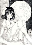  against_tree animal_ears black_hair blush bunny_ears calligraphy_brush_(medium) carrot_necklace dress food full_moon grass highres inaba_tewi jewelry kneehighs looking_at_viewer mochi monochrome moon nib_pen_(medium) open_mouth pendant short_hair sib sitting sky solo star_(sky) starry_sky touhou traditional_media tree wagashi 