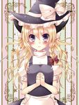  animal_ears apron blonde_hair blush braid hands_clasped hat kirisame_marisa long_hair meiya_neon own_hands_together puffy_sleeves purple_eyes ribbon solo star tears touhou witch_hat 