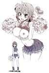  bad_id bad_pixiv_id blush bouncing_breasts breasts cheerleader english heart highres kusanagi_tonbo large_breasts looking_at_viewer midriff monochrome navel nipples open_mouth original pom_poms short_hair simple_background skirt smile solo white_background 