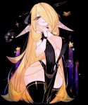  1girl alternate_ears blonde_hair blush breasts cleavage cynthia_(pokemon) grey_eyes hair_ornament hair_over_one_eye highres large_breasts long_hair looking_at_viewer navel pointy_ears pokemon pokemon_dppt smile solo thighs usa37107692 very_long_hair 