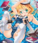  blonde_hair blue_eyes book breasts glasses hat i-8_(kantai_collection) kantai_collection large_breasts long_hair low_twintails one-piece_swimsuit open_mouth peaked_cap red-framed_eyewear school_swimsuit shikishi solo swimsuit thighhighs torn_clothes torpedo twintails white_legwear yukitsuki_kokoro 