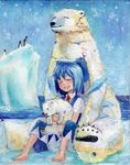  barefoot bear bird blue_dress blue_hair blush cirno closed_eyes cub dress glacier harikona hug ice ice_wings necktie oil_painting_(medium) open_mouth penguin polar_bear short_hair sitting sky smile solo touhou traditional_media wings 