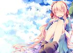  1girl bad_id bad_pixiv_id blonde_hair closed_eyes dress hair_ribbon highres kagerou_project kozakura_marry long_hair nyowaa417 ribbon seto_kousuke sky smile solo_focus very_long_hair 