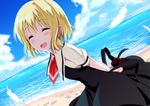  :d ^_^ air alternate_hair_length alternate_hairstyle arms_behind_back ascot beach blonde_hair blush closed_eyes cloud collared_shirt cross day dress dutch_angle facing_viewer feathers gochou_(atemonai_heya) horizon kamio_misuzu md5_mismatch ocean open_mouth outdoors shirt short_hair sky smile solo 