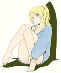  ayase_eli bare_legs barefoot blonde_hair blue_eyes finger_to_face kimura_daisuke knees_together_feet_apart love_live! love_live!_school_idol_project panties pantyshot pantyshot_(sitting) short_hair short_ponytail sitting solo underwear 