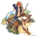  1boy :d aqua_innertube arm_behind_head belt blue_eyes blue_jacket brown_belt brown_footwear cup dare_ga_tame_no_alchemist drinking_glass drinking_straw full_body grass hand_on_own_head holding holding_towel jacket looking_at_viewer male_focus no_socks official_alternate_costume official_art on_bench open_mouth orange_hair rinzo sandals scar scar_on_face short_hair shorts sitting smile solo surfboard sword third-party_source towel two-tone_innertube vettel_(dare_ga_tame_no_alchemist) weapon white_background white_innertube 