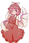  animal_ears arm_behind_back arm_garter brown_dress dress grey_eyes hat ini_(inunabe00) jewelry light_smile long_sleeves mystia_lorelei no_nose pink_hair puffy_long_sleeves puffy_sleeves short_hair sideways_glance single_earring solo touhou white_background wings 