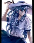  bad_id bad_pixiv_id casual grey_hair hand_on_headwear hat koubou long_hair looking_at_viewer original parted_lips pillarboxed red_eyes smile solo straw_hat wind 
