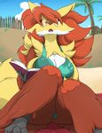  anthro anthrofied barefoot beach book breasts butt canine claws cleavage clothed clothing delphox eyewear female fox fur glasses grass hair hindpaw long_hair mammal nintendo open_mouth outside paws pok&#233;mon pok&eacute;mon reading red_hair sand seaside sitting solo swimsuit teeth toe_claws toes tongue tree video_games yellow_eyes zerofox1000 