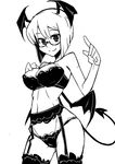  alternate_hair_length alternate_hairstyle arm_up bat_wings bespectacled bra breasts contrapposto demon_tail garter_belt glasses greyscale hand_on_own_chest head_wings highres index_finger_raised koakuma large_breasts looking_at_viewer low_wings maru-sun monochrome navel panties short_hair simple_background slit_pupils smile solo standing tail thighhighs touhou underwear underwear_only white_background wings 