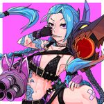  1girl blue_hair braid gloves hairline i-pan jinx_(league_of_legends) league_of_legends pink_eyes tattoo twin_braids twintails weapon 